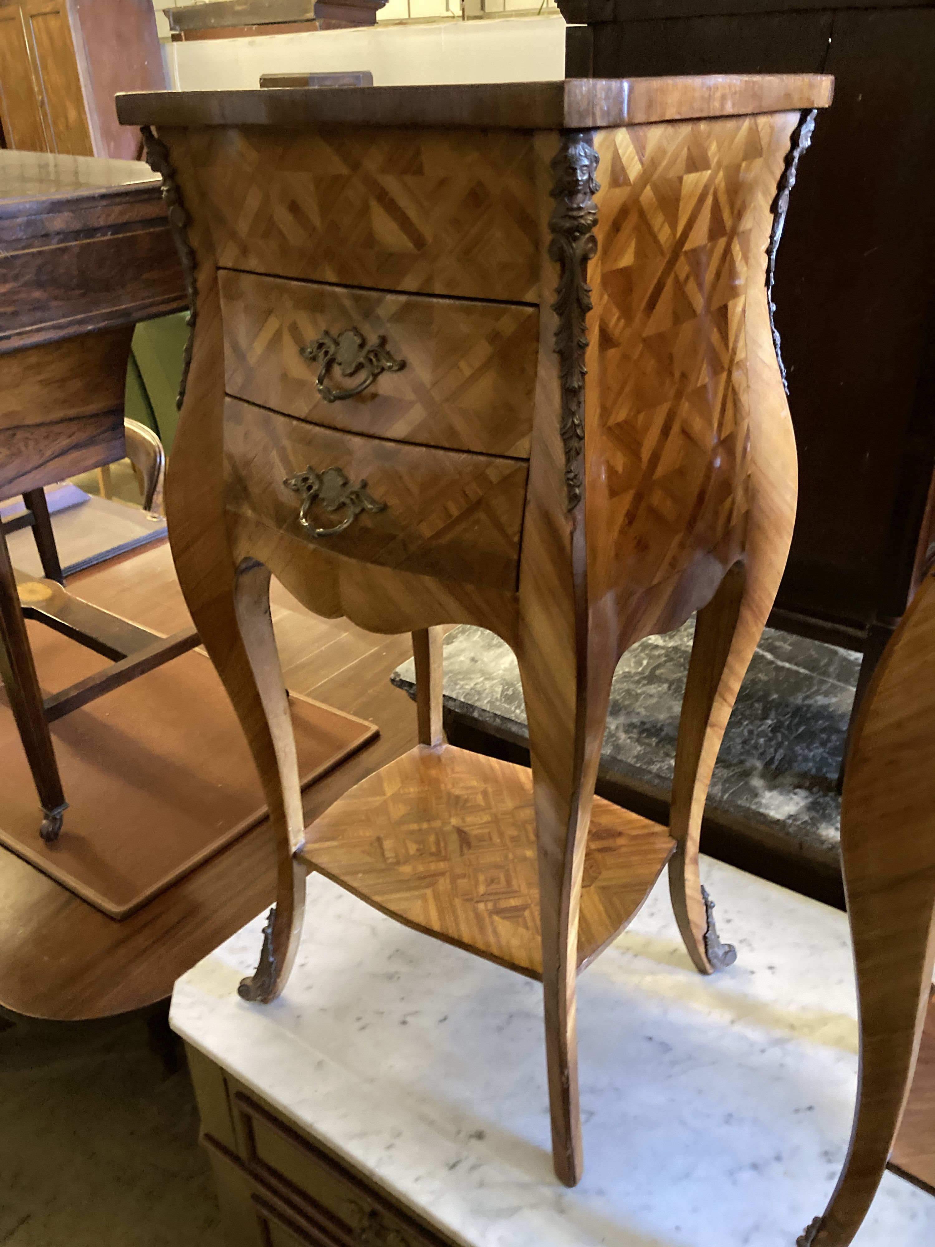 A pair of Louis VIX style parquetry and inlaid kingwood petit commodes (damage), width 34cm, depth 28cm, height 69cm